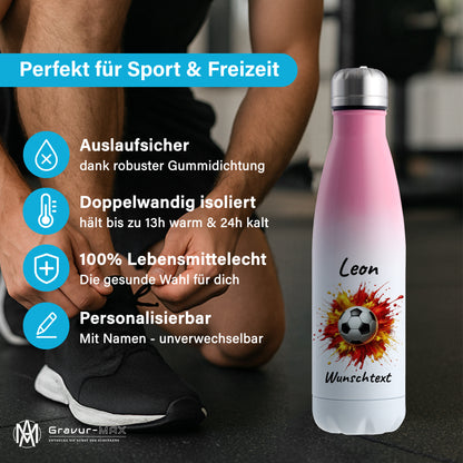 Thermoflasche 500ml in Weiß/Pink aus Edelstahl bedruckt "Fußball" Motiv9 personalisierbar mit Wunschname & Text