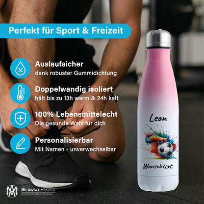 Thermoflasche 500ml in Weiß/Pink aus Edelstahl bedruckt "Fußball" Motiv6 personalisierbar mit Wunschname & Text