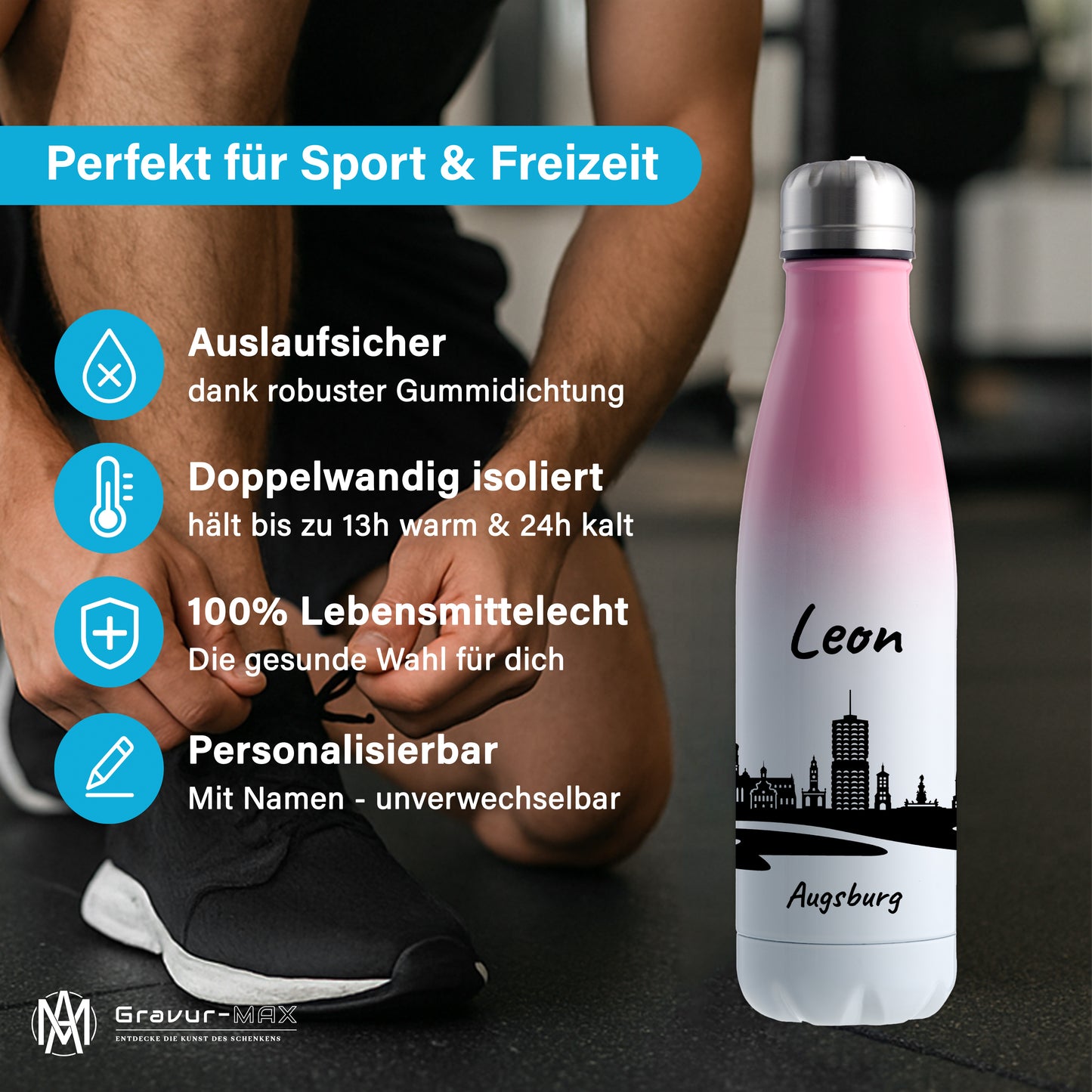 Trinkflasche in Weiß/Pink 500ml aus Edelstahl bedruckt mit der Skyline von Augsburg personalisierbar mit Wunschname