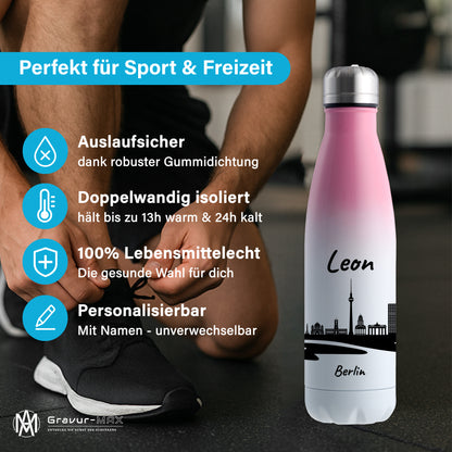 Trinkflasche in Weiß/Pink 500ml aus Edelstahl bedruckt mit der Skyline von Berlin personalisierbar mit Wunschname