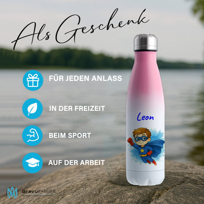 Thermoflasche 500ml in Weiß/Pink bedruckt mit tollen Motiven für Kinder "Superheld" personalisierbar mit Wunschname