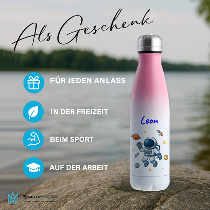 Thermoflasche 500ml in Weiß/Pink bedruckt mit tollen Motiven für Kinder "Astronaut" personalisierbar mit Wunschname