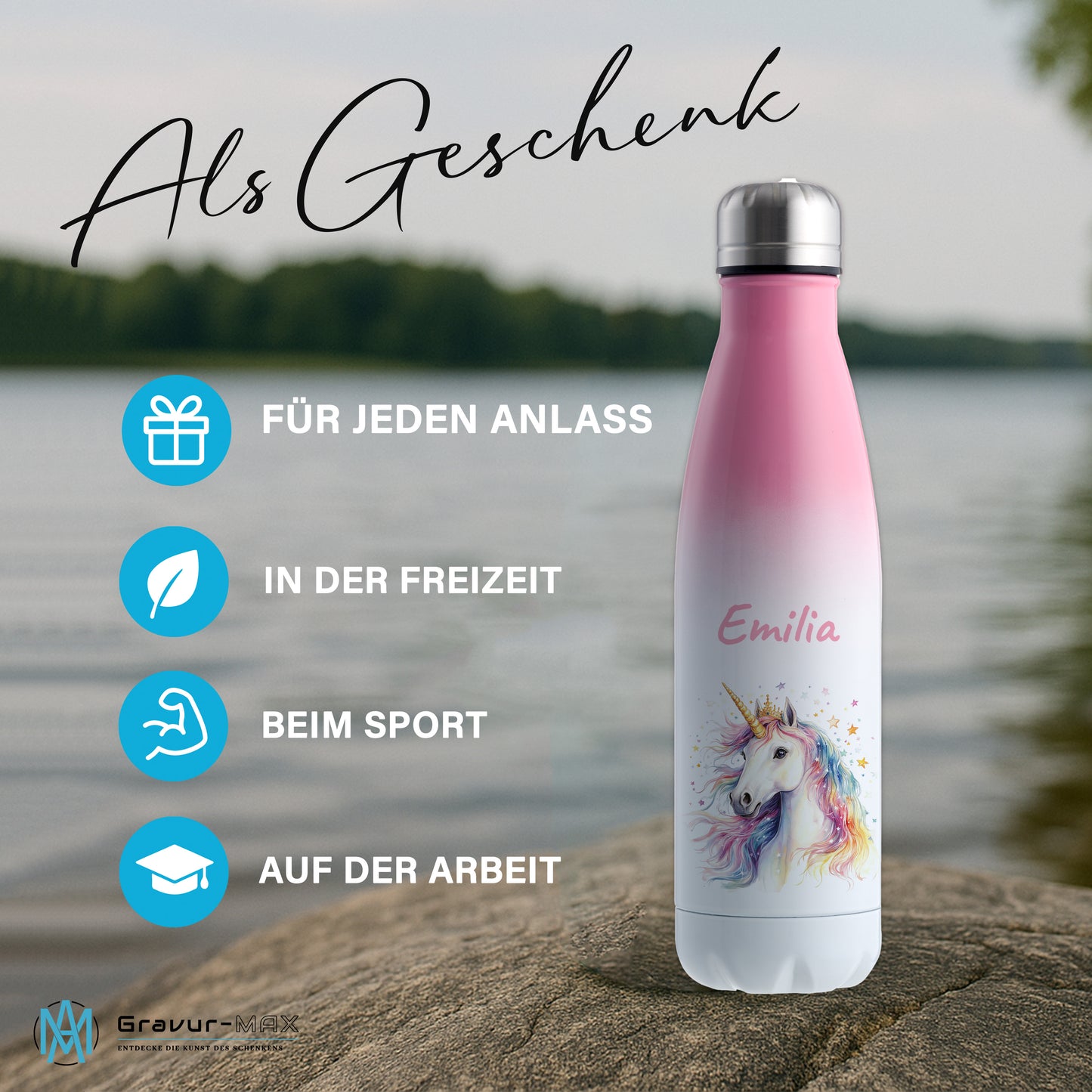 Thermoflasche 500ml in Weiß/Pink bedruckt mit tollen Motiven für Kinder "Einhorn" personalisierbar mit Wunschname
