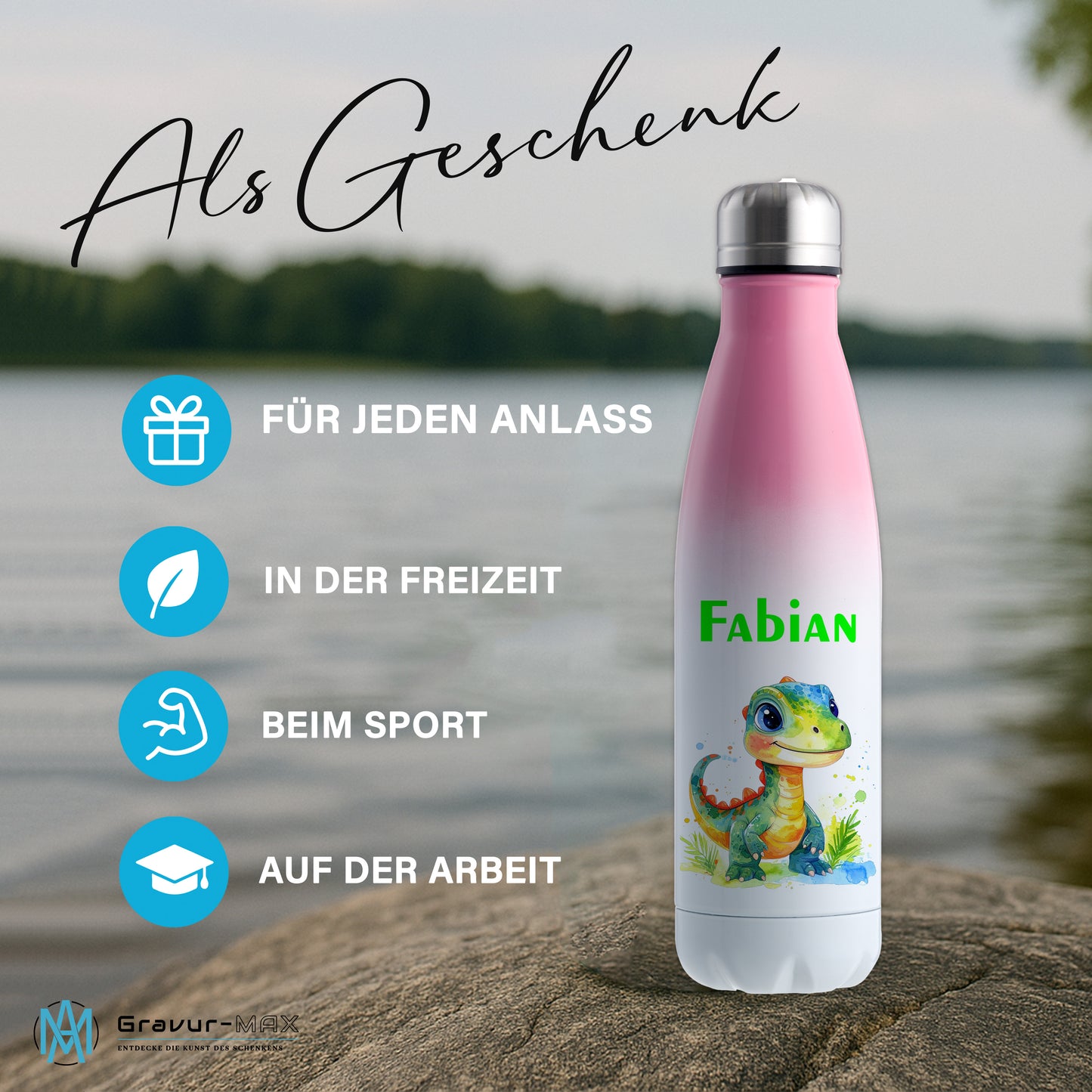 Thermoflasche 500ml in Weiß/Pink bedruckt mit tollen Motiven für Kinder "Dino Kinder" personalisierbar mit Wunschname