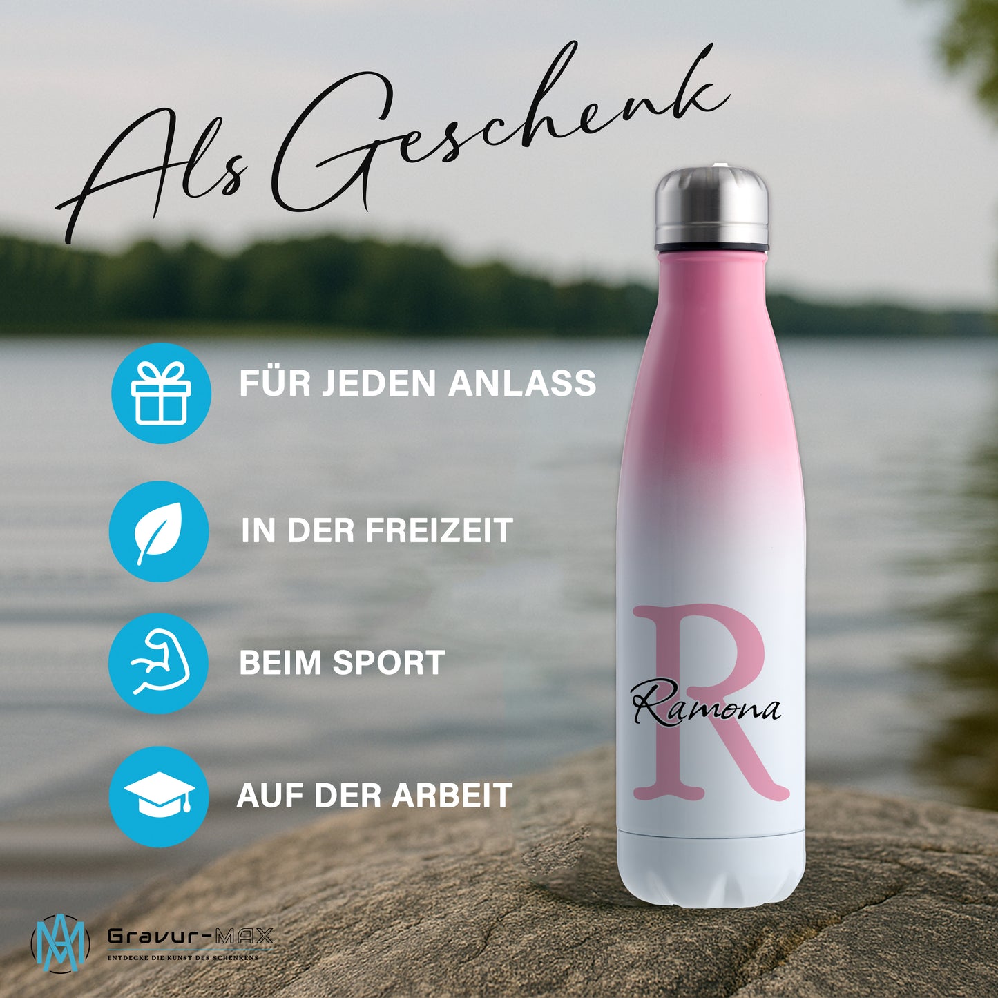 Thermoflasche 500ml aus Edelstahl in Weiß/Pink personalisierbar mit Wunschname auslaufsichere Trinkflasche