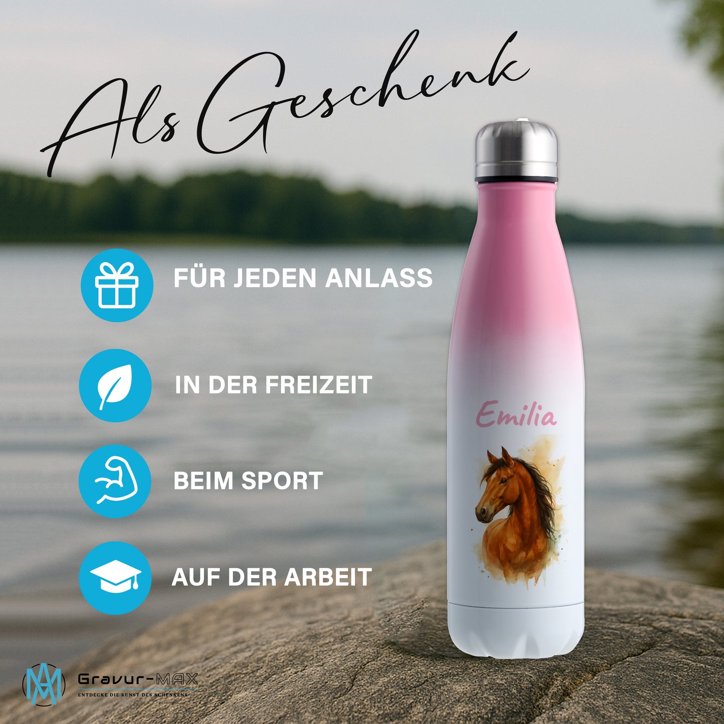 Thermoflasche 500ml in Weiß/Pink bedruckt mit tollen Motiven für Kinder "Pferd" personalisierbar mit Wunschname