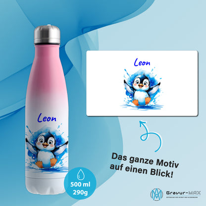 Trinkflasche in Weiß/Pink 500ml aus Edelstahl bedruckt mit niedlichen Tieren "Pinguin" personalisierbar für Kinder mit Wunschname