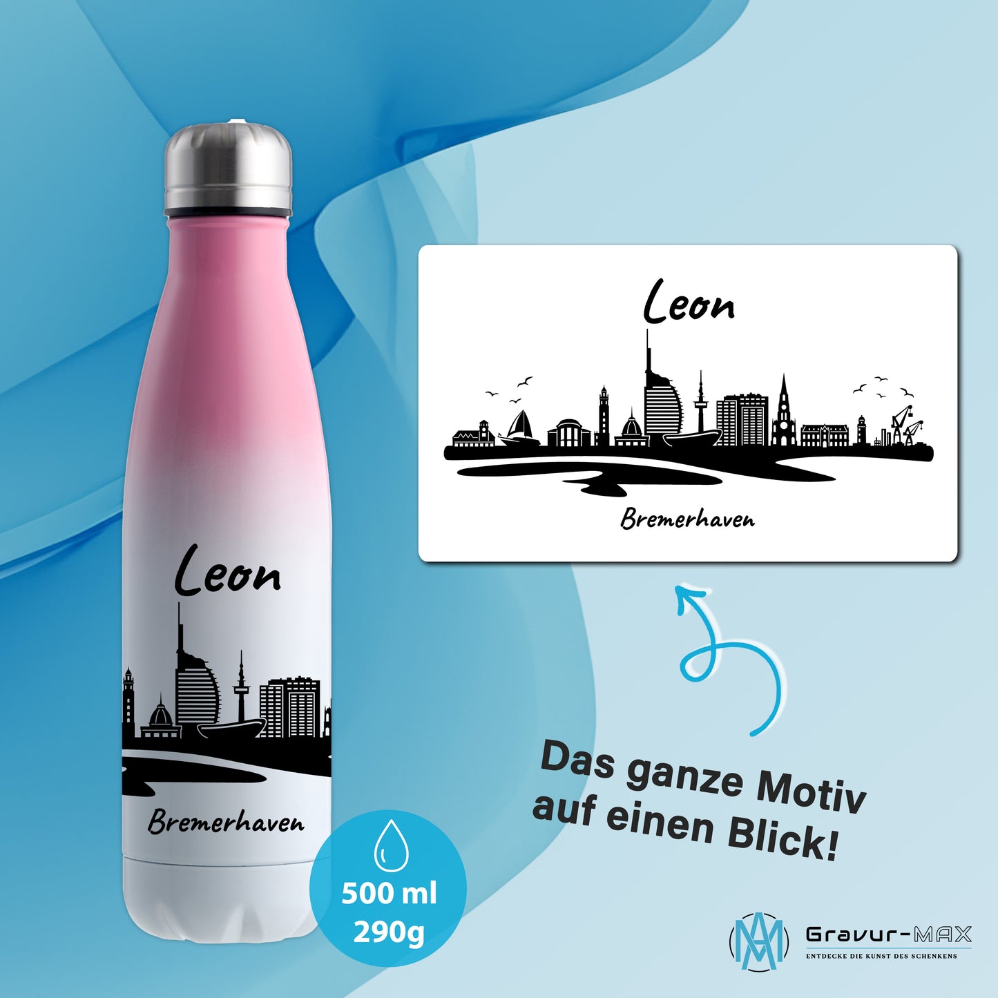 Trinkflasche in Weiß/Pink 500ml aus Edelstahl bedruckt mit der Skyline von Bremerhaven personalisierbar mit Wunschname