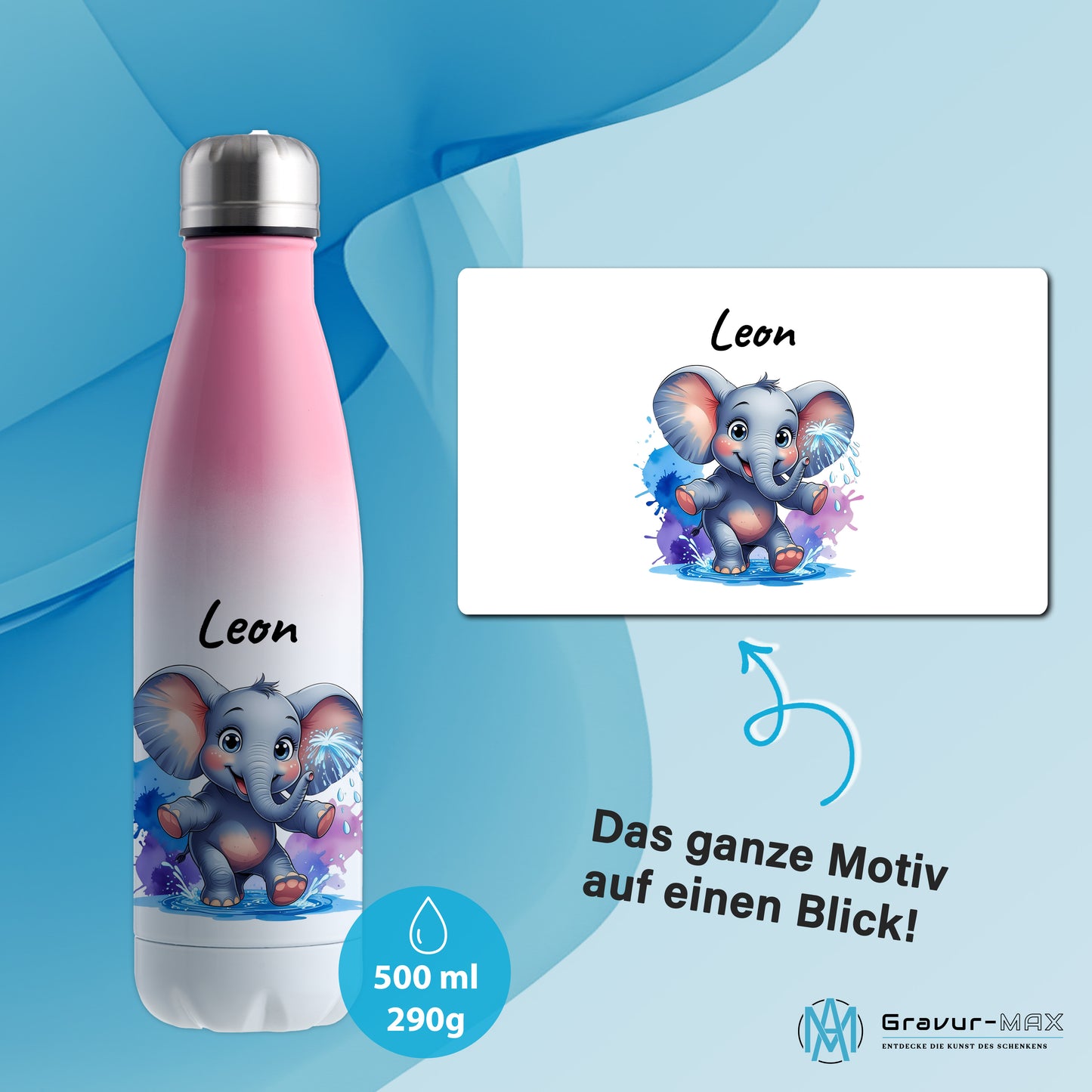 Trinkflasche in Weiß/Pink 500ml aus Edelstahl bedruckt mit niedlichen Tieren "Elefant" personalisierbar für Kinder mit Wunschname