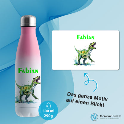 Thermoflasche 500ml in Weiß/Pink bedruckt mit tollen Motiven für Kinder "Dino T-Rex" personalisierbar mit Wunschname