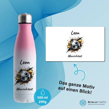 Thermoflasche 500ml in Weiß/Pink aus Edelstahl bedruckt "Fußball" Motiv13 personalisierbar mit Wunschname & Text