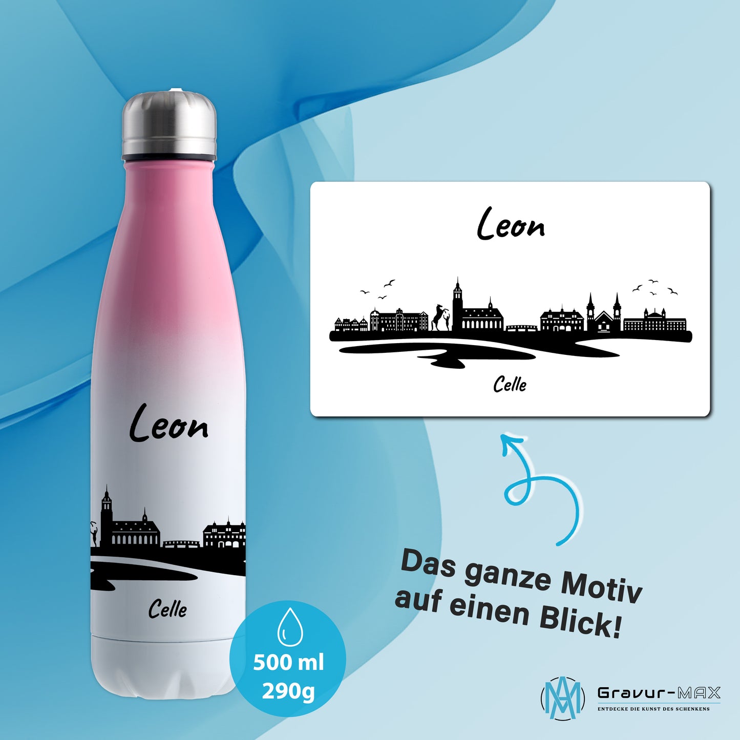 Trinkflasche in Weiß/Pink 500ml aus Edelstahl bedruckt mit der Skyline von Celle personalisierbar mit Wunschname
