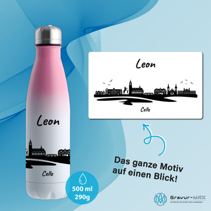 Trinkflasche in Weiß/Pink 500ml aus Edelstahl bedruckt mit der Skyline von Celle personalisierbar mit Wunschname