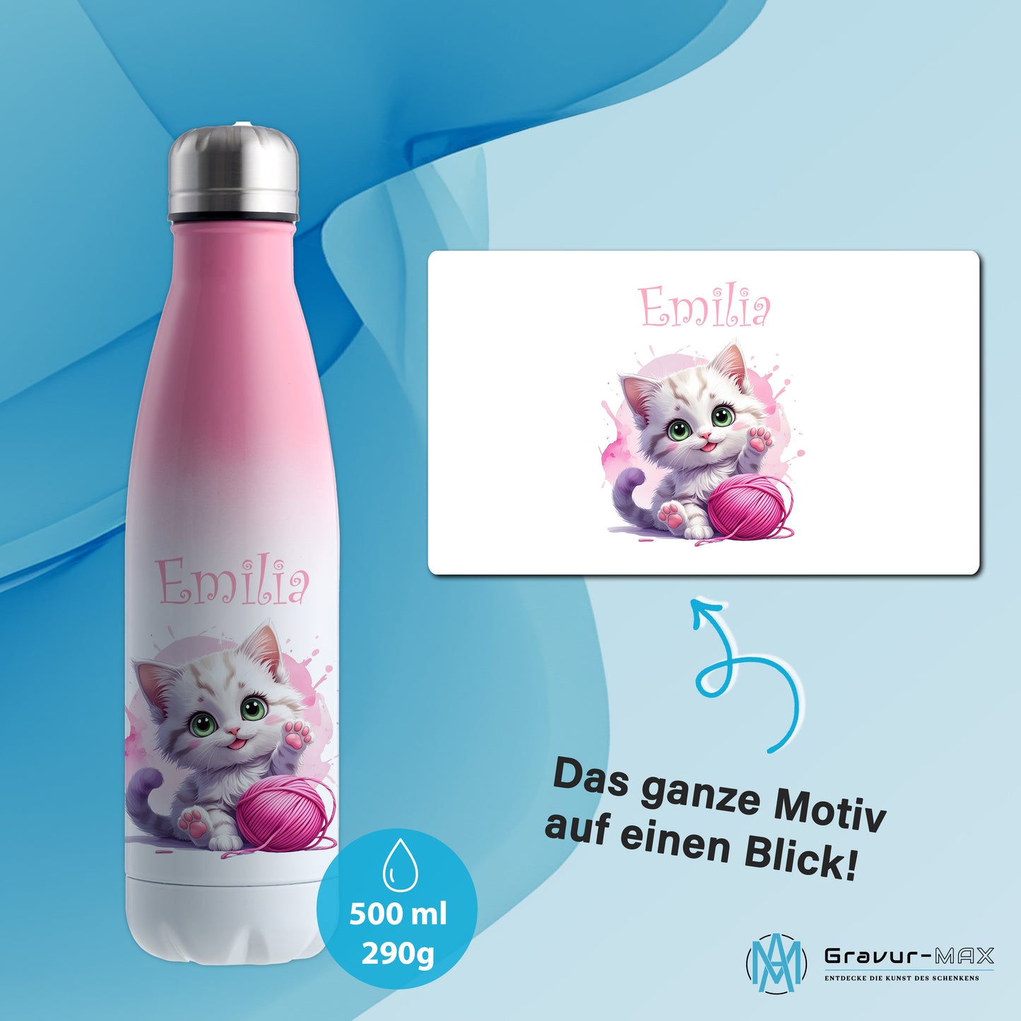 Trinkflasche in Weiß/Pink 500ml aus Edelstahl bedruckt mit niedlichen Tieren "Katze" personalisierbar für Kinder mit Wunschname