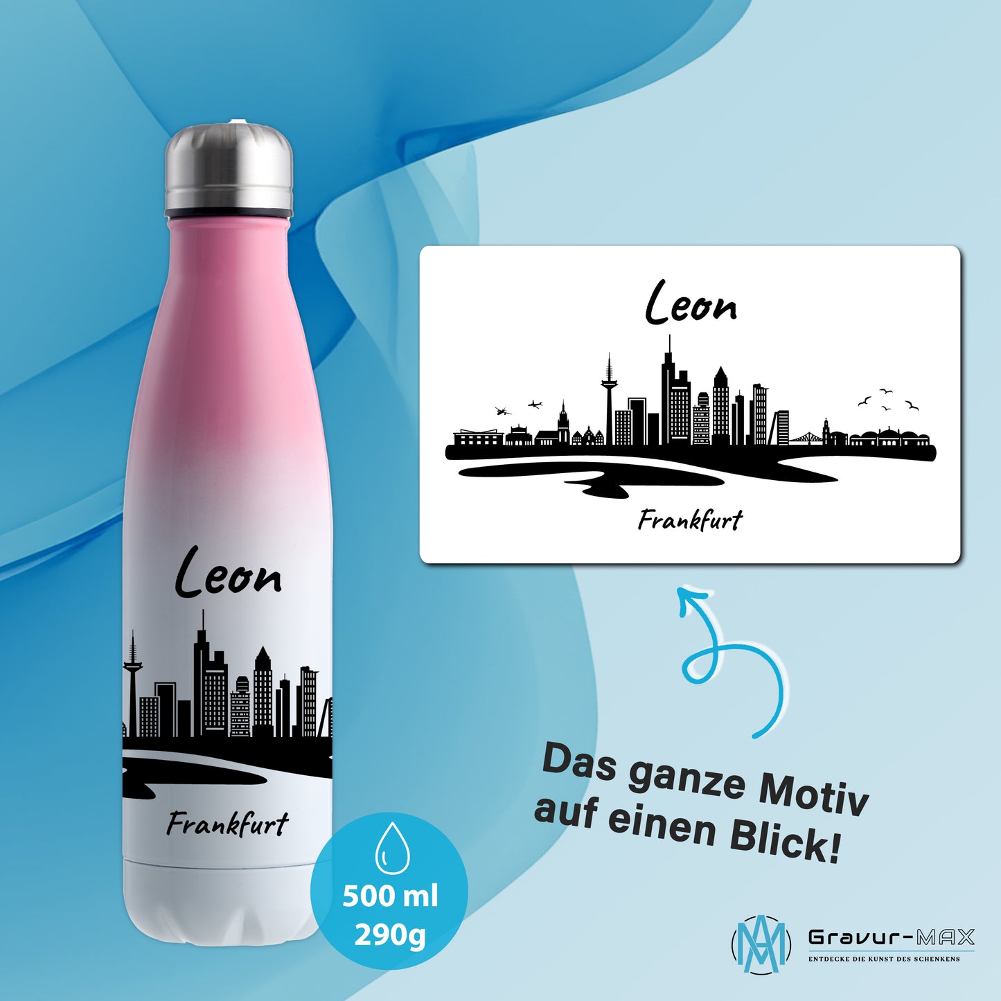 Trinkflasche in Weiß/Pink 500ml aus Edelstahl bedruckt mit der Skyline von Frankfurt personalisierbar mit Wunschname