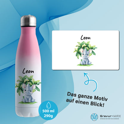 Trinkflasche mit Farbverlauf in Weiß/Pink 500ml aus Edelstahl bedruckt mit Dschungel Tieren"Nashorn" personalisierbar für Kinder mit Wunschname