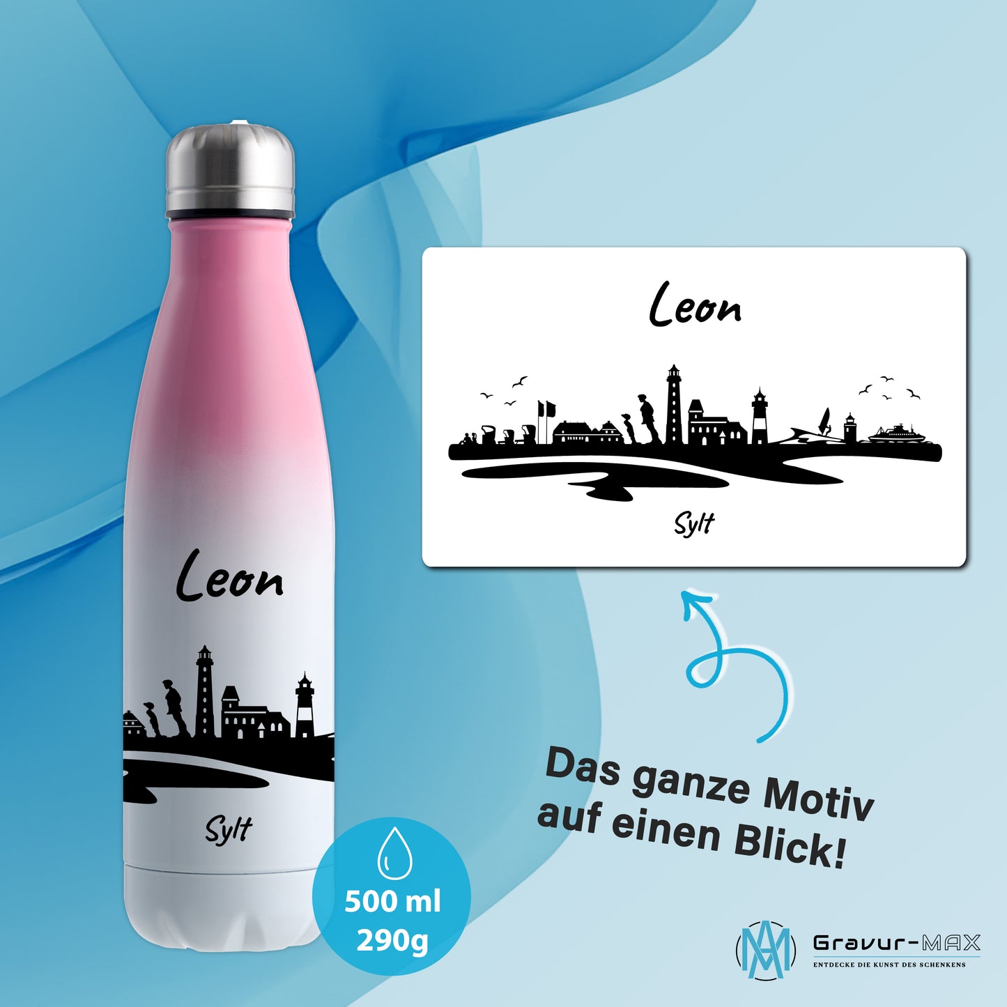 Trinkflasche in Weiß/Pink 500ml aus Edelstahl bedruckt mit der Skyline von Sylt personalisierbar mit Wunschname
