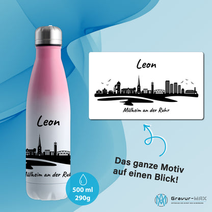 Trinkflasche in Weiß/Pink 500ml aus Edelstahl bedruckt mit der Skyline von Mülheim an der Ruhr personalisierbar mit Wunschname