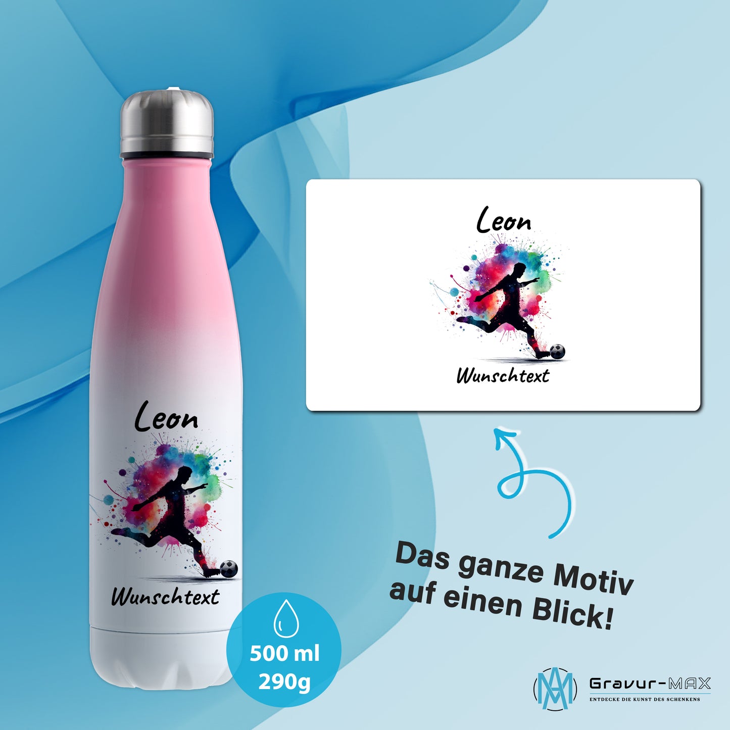 Thermoflasche 500ml in Weiß/Pink aus Edelstahl bedruckt "Fußball" Motiv4 personalisierbar mit Wunschname & Text