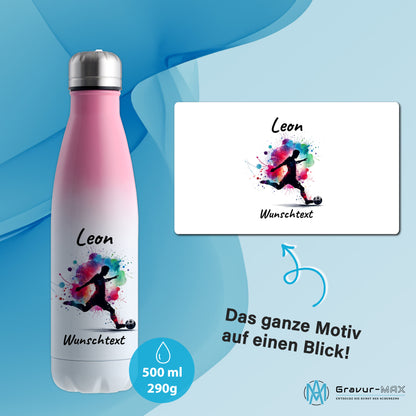 Thermoflasche 500ml in Weiß/Pink aus Edelstahl bedruckt "Fußball" Motiv4 personalisierbar mit Wunschname & Text