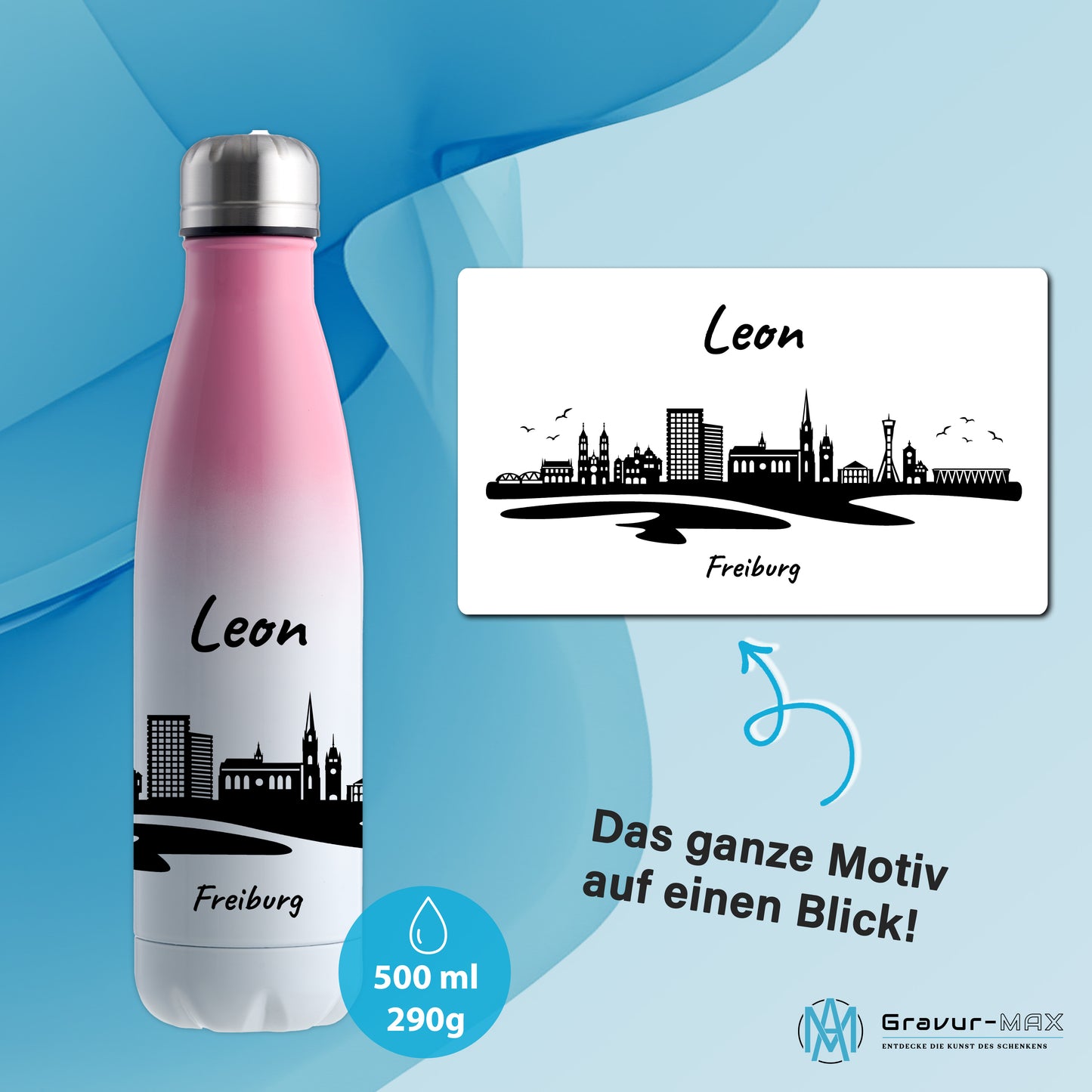 Trinkflasche in Weiß/Pink 500ml aus Edelstahl bedruckt mit der Skyline von Freiburg personalisierbar mit Wunschname