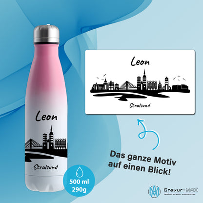 Trinkflasche in Weiß/Pink 500ml aus Edelstahl bedruckt mit der Skyline von Stralsund personalisierbar mit Wunschname