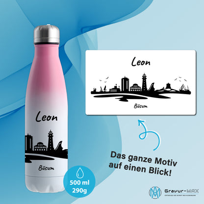 Trinkflasche in Weiß/Pink 500ml aus Edelstahl bedruckt mit der Skyline von Büsum personalisierbar mit Wunschname