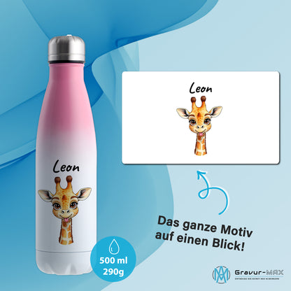 Trinkflasche in Weiß/Pink 500ml aus Edelstahl bedruckt mit niedlichen Tieren "Giraffe" personalisierbar für Kinder mit Wunschname
