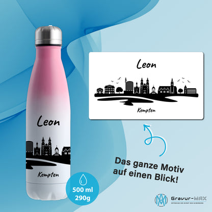 Trinkflasche in Weiß/Pink 500ml aus Edelstahl bedruckt mit der Skyline von Kempten personalisierbar mit Wunschname