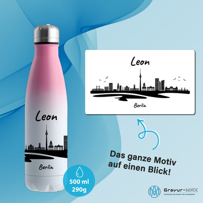 Trinkflasche in Weiß/Pink 500ml aus Edelstahl bedruckt mit der Skyline von Berlin personalisierbar mit Wunschname