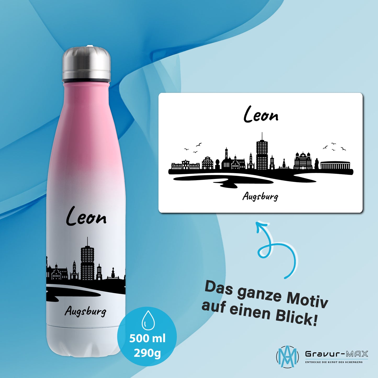 Trinkflasche in Weiß/Pink 500ml aus Edelstahl bedruckt mit der Skyline von Augsburg personalisierbar mit Wunschname