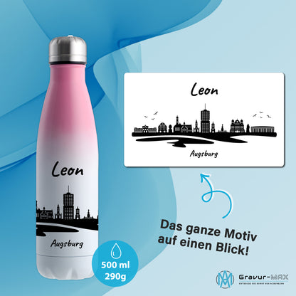 Trinkflasche in Weiß/Pink 500ml aus Edelstahl bedruckt mit der Skyline von Augsburg personalisierbar mit Wunschname
