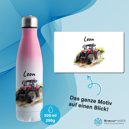 Thermoflasche 500ml in Weiß/Pink bedruckt mit tollen Motiven für Kinder "Traktor" personalisierbar mit Wunschname
