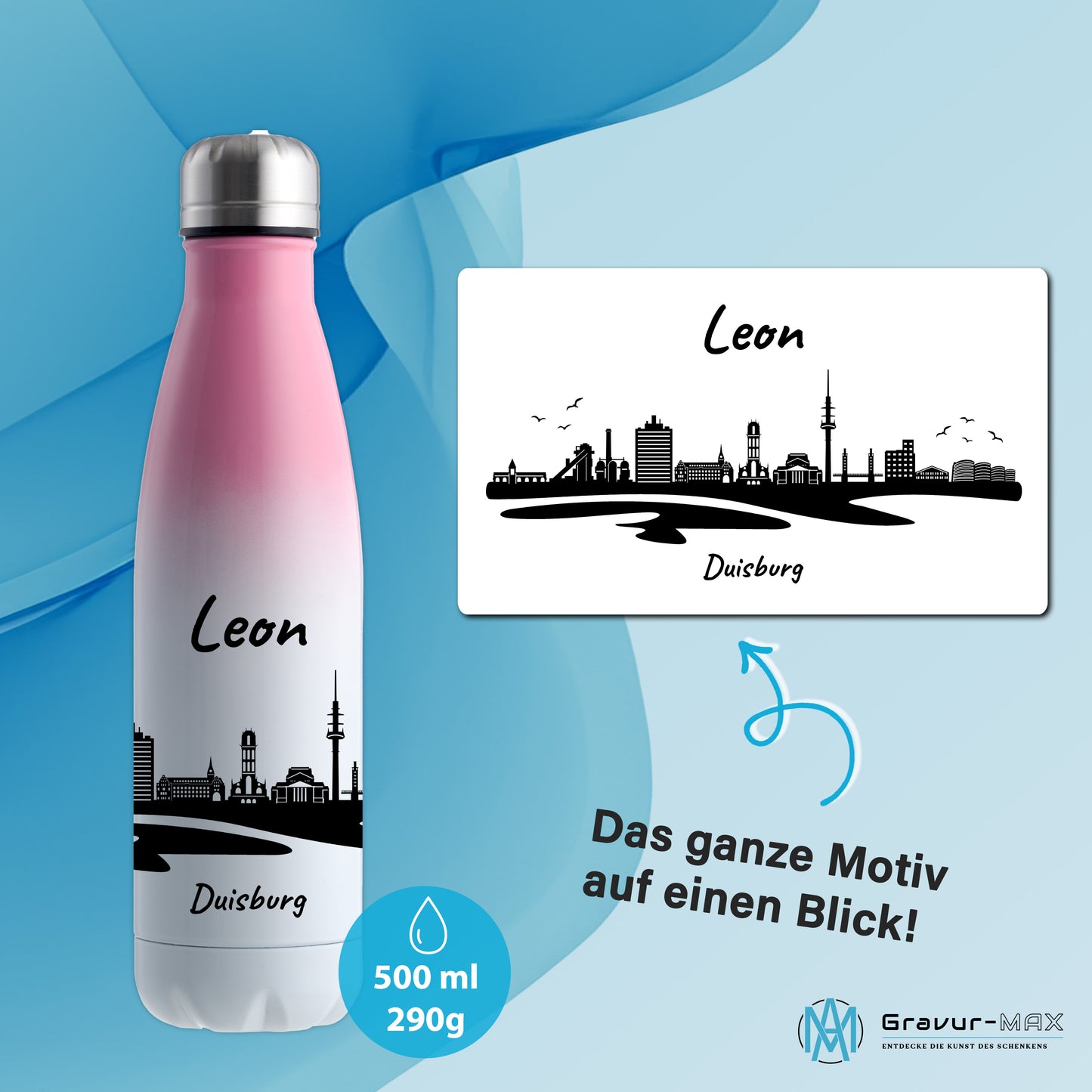Trinkflasche in Weiß/Pink 500ml aus Edelstahl bedruckt mit der Skyline von Duisburg personalisierbar mit Wunschname