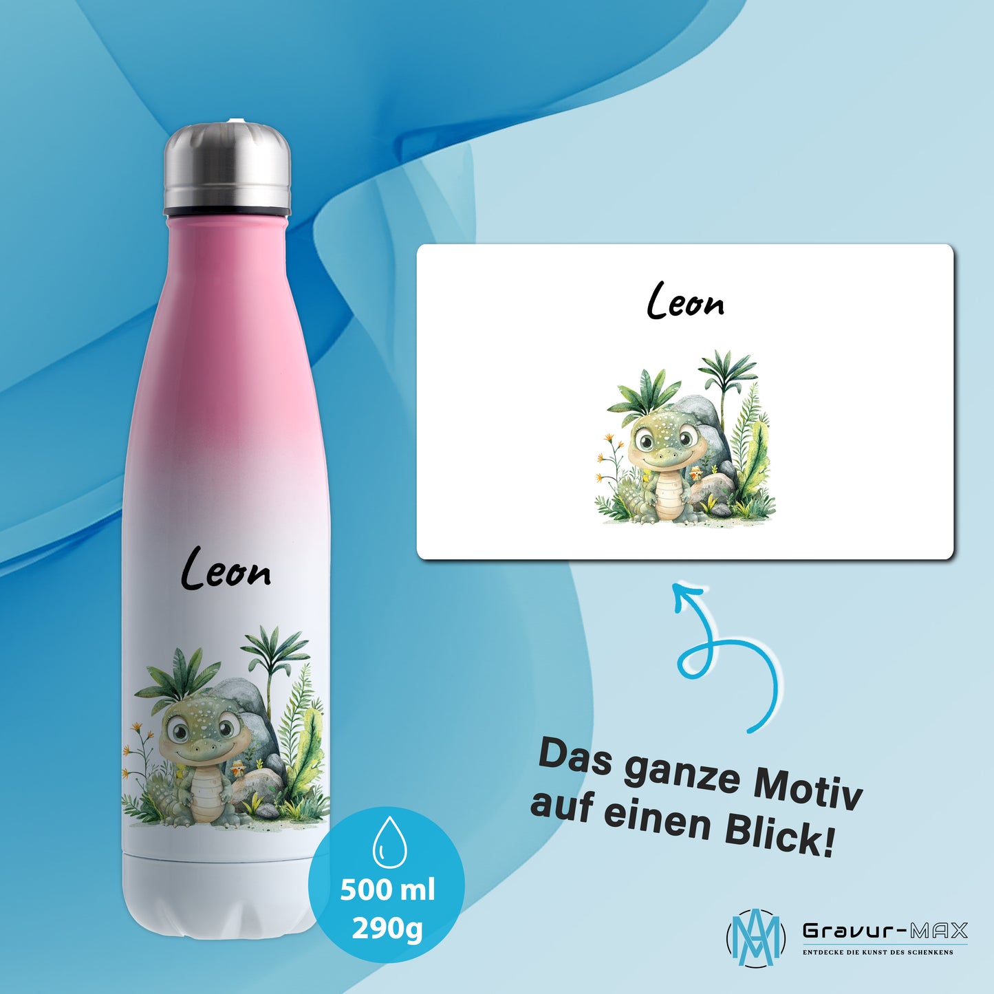 Trinkflasche mit Farbverlauf in Weiß/Pink 500ml aus Edelstahl bedruckt mit Dschungel Tieren"Krokodil" personalisierbar für Kinder mit Wunschname