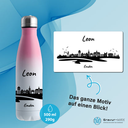 Trinkflasche in Weiß/Pink 500ml aus Edelstahl bedruckt mit der Skyline von Emden personalisierbar mit Wunschname