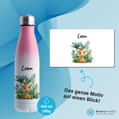 Trinkflasche mit Farbverlauf in Weiß/Pink 500ml aus Edelstahl bedruckt mit Dschungel Tieren"Giraffe" personalisierbar für Kinder mit Wunschname