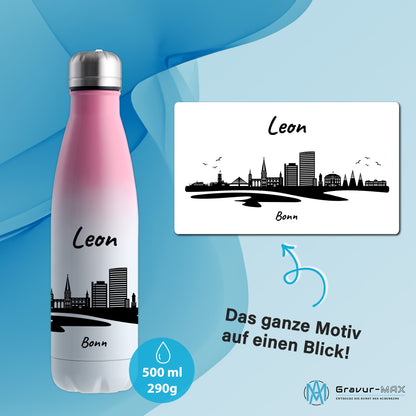 Trinkflasche in Weiß/Pink 500ml aus Edelstahl bedruckt mit der Skyline von Bonn personalisierbar mit Wunschname