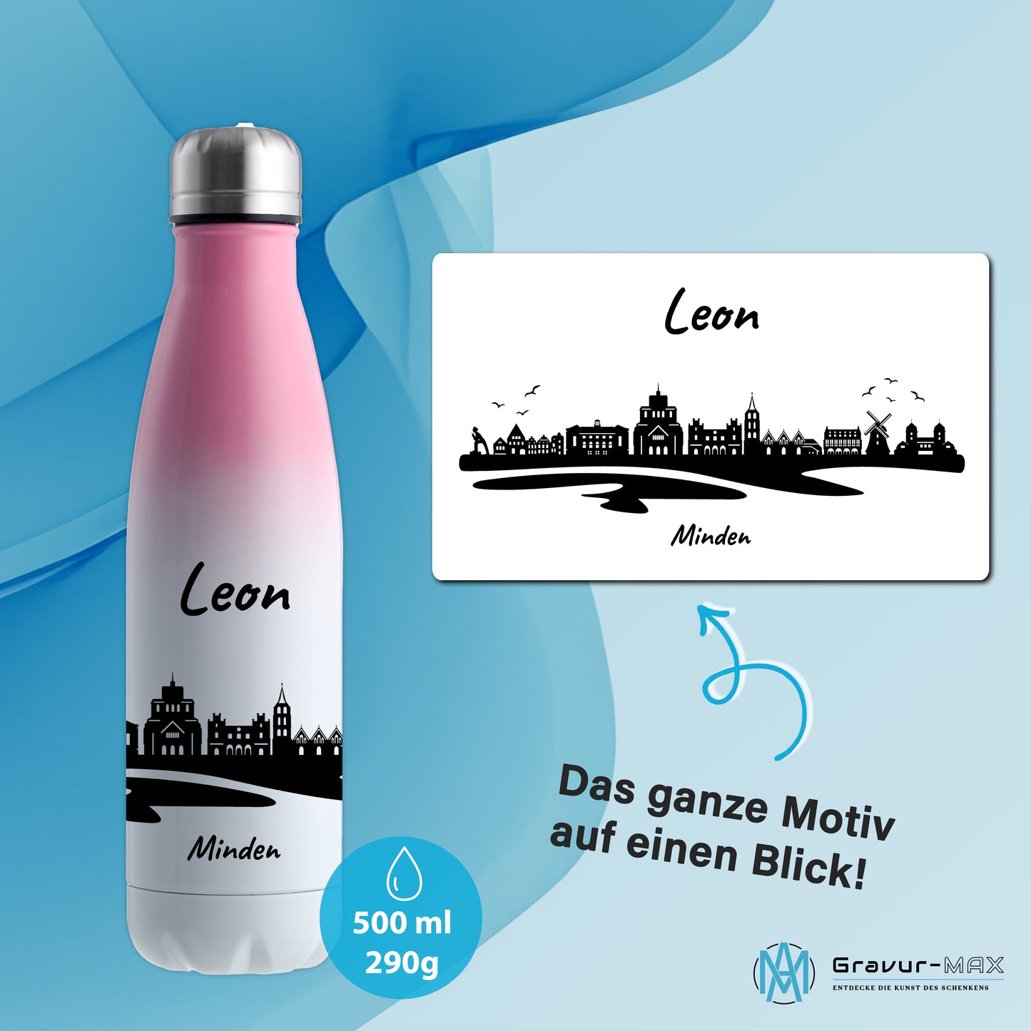 Trinkflasche in Weiß/Pink 500ml aus Edelstahl bedruckt mit der Skyline von Minden personalisierbar mit Wunschname