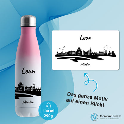 Trinkflasche in Weiß/Pink 500ml aus Edelstahl bedruckt mit der Skyline von Minden personalisierbar mit Wunschname