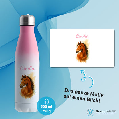 Thermoflasche 500ml in Weiß/Pink bedruckt mit tollen Motiven für Kinder "Pferd" personalisierbar mit Wunschname