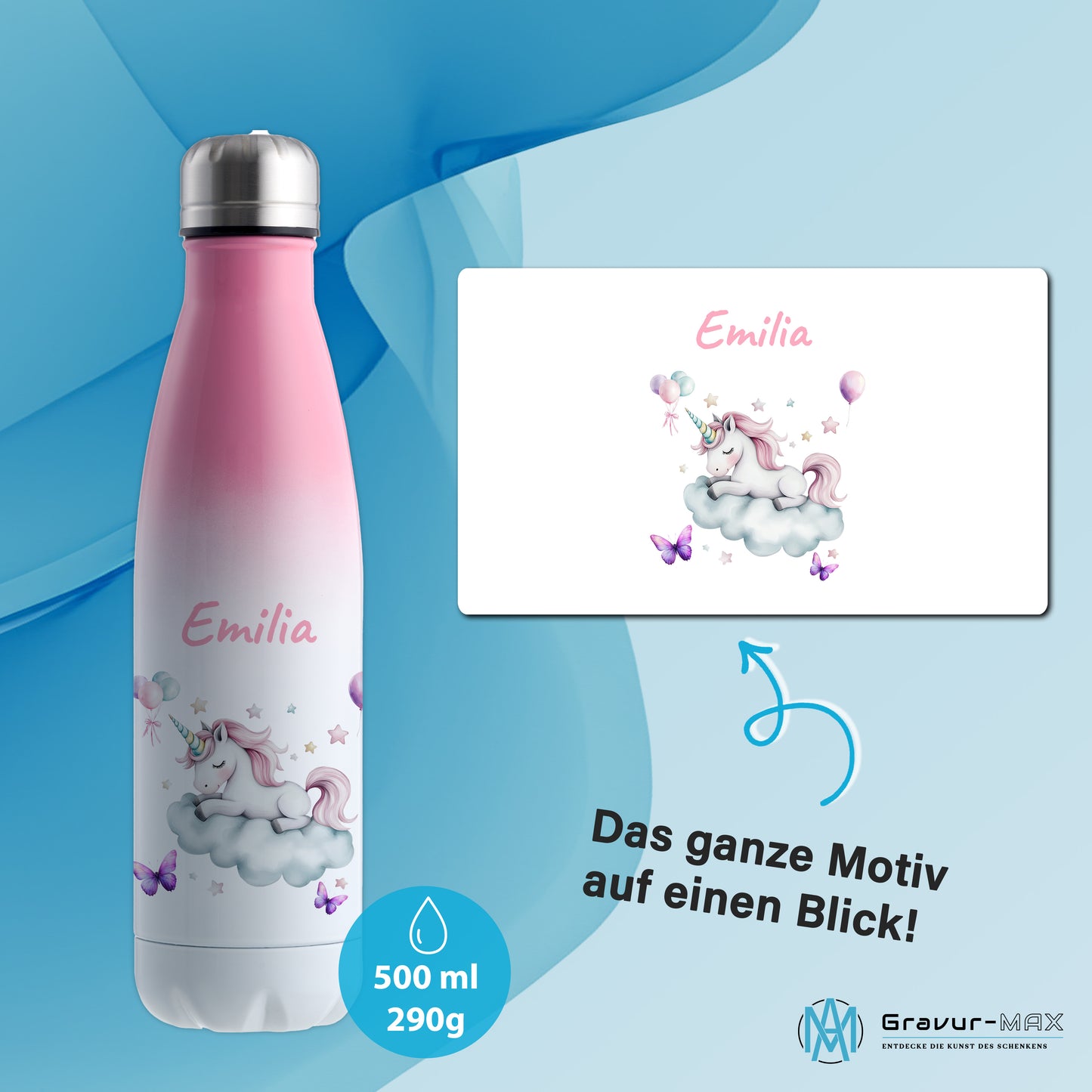 Thermoflasche 500ml in Weiß/Pink bedruckt mit tollen Motiven für Kinder "Einhorn Wolke" personalisierbar mit Wunschname
