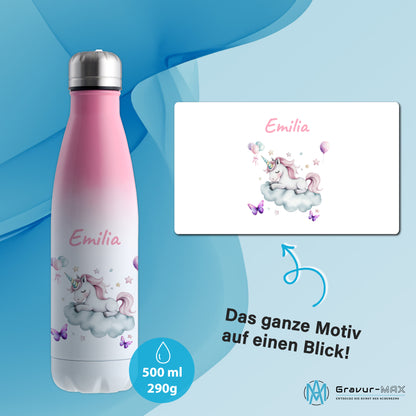 Thermoflasche 500ml in Weiß/Pink bedruckt mit tollen Motiven für Kinder "Einhorn Wolke" personalisierbar mit Wunschname
