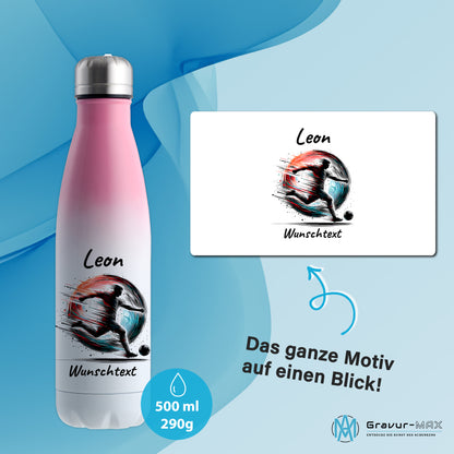 Thermoflasche 500ml in Weiß/Pink aus Edelstahl bedruckt "Fußball" Motiv3 personalisierbar mit Wunschname & Text