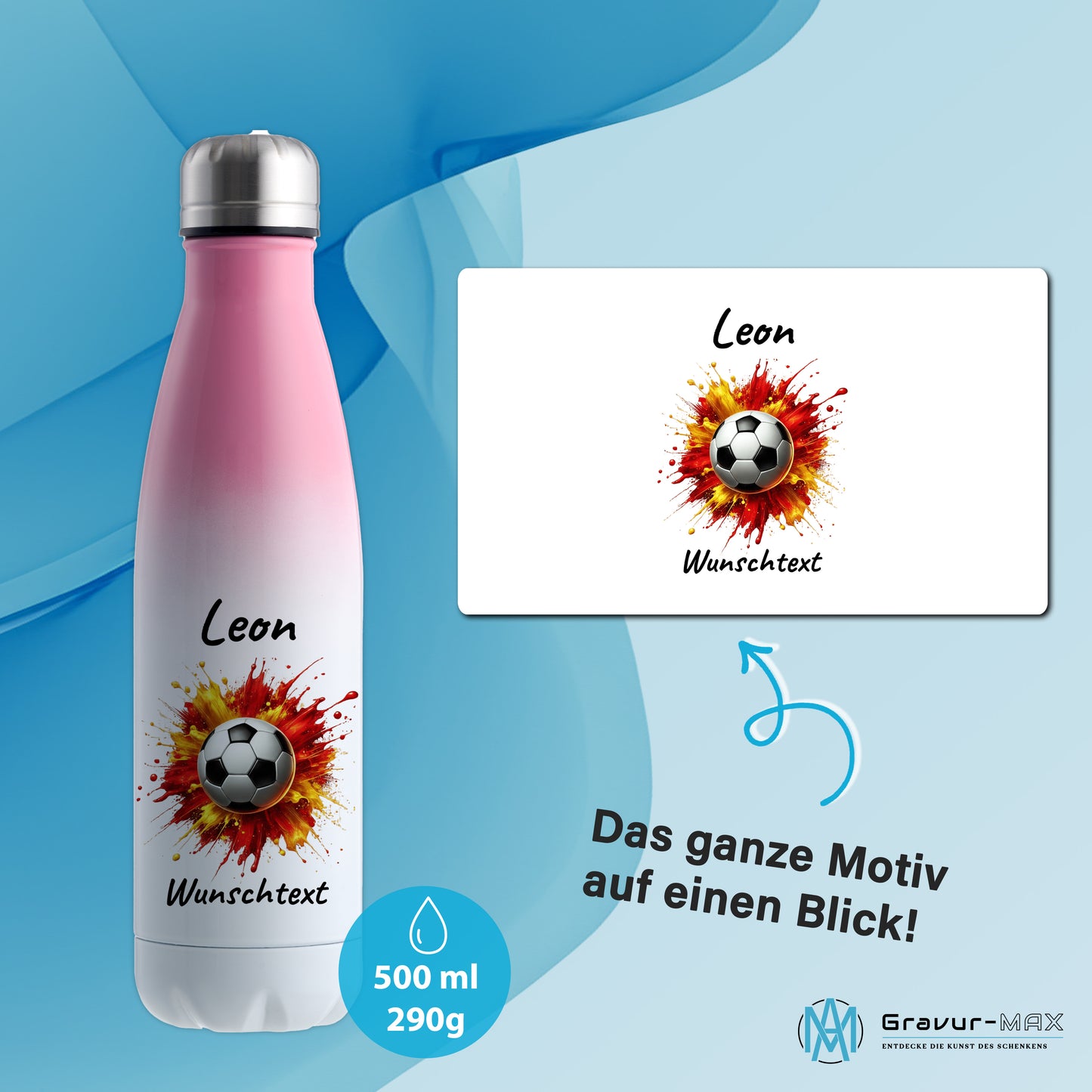 Thermoflasche 500ml in Weiß/Pink aus Edelstahl bedruckt "Fußball" Motiv9 personalisierbar mit Wunschname & Text
