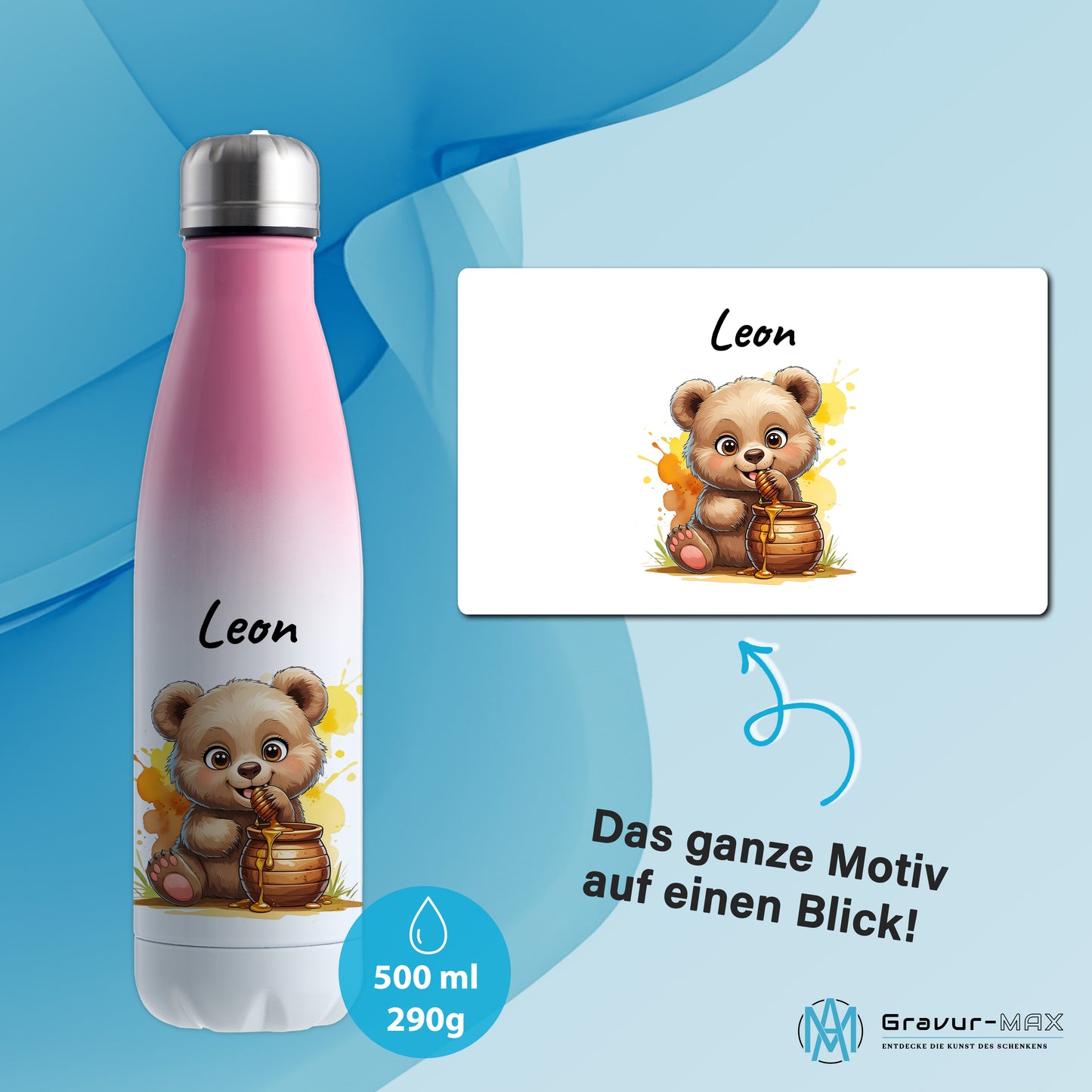 Trinkflasche in Weiß/Pink 500ml aus Edelstahl bedruckt mit niedlichen Tieren "Bär" personalisierbar für Kinder mit Wunschname