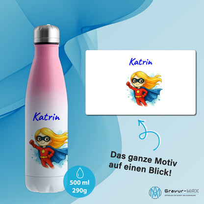 Thermoflasche 500ml in Weiß/Pink bedruckt mit tollen Motiven für Kinder "Superheldin" personalisierbar mit Wunschname
