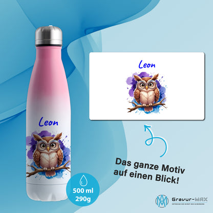 Trinkflasche in Weiß/Pink 500ml aus Edelstahl bedruckt mit niedlichen Tieren "Eule" personalisierbar für Kinder mit Wunschname