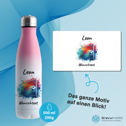 Thermoflasche 500ml in Weiß/Pink aus Edelstahl bedruckt "Fußball" Motiv5 personalisierbar mit Wunschname & Text