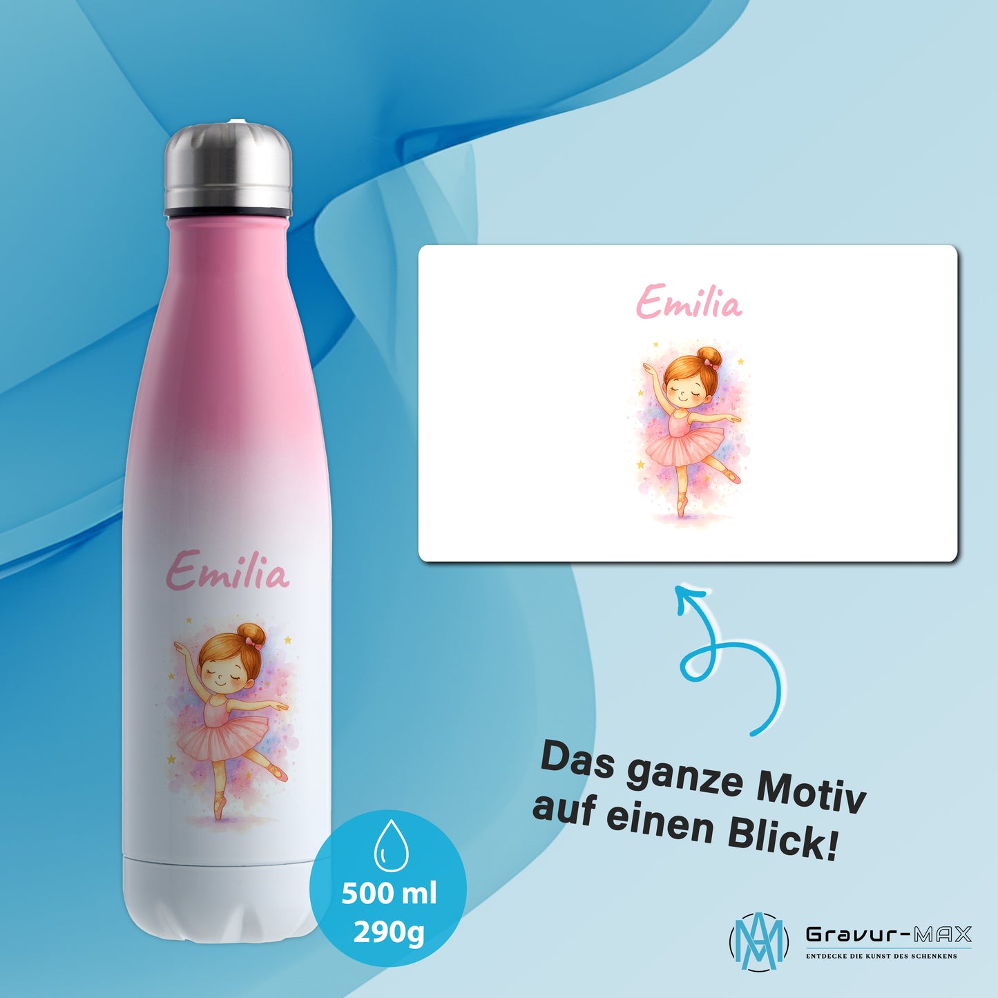 Thermoflasche 500ml in Weiß/Pink bedruckt mit tollen Motiven für Kinder "Ballerina" personalisierbar mit Wunschname